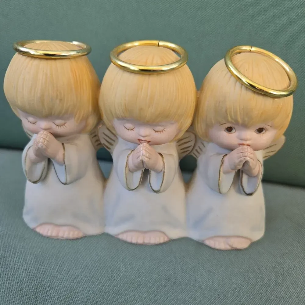 Christmas Decor - 3 Praying Angels Figurine Porcelain Hand Painted 4
